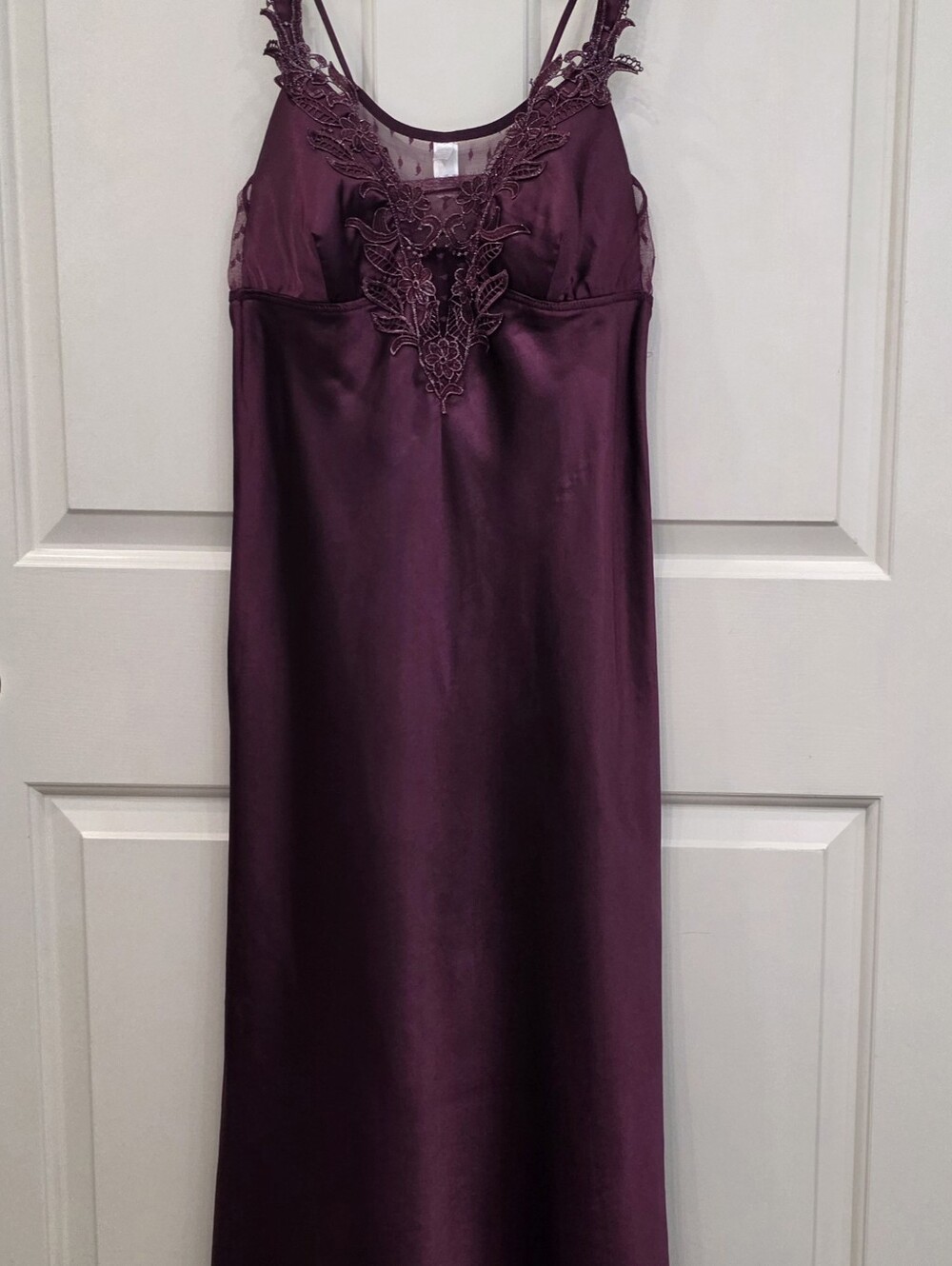 Satin Lace Embroidery Mesh Back High-Low Maxi Slip Dress Burgundy Sz S by Flora